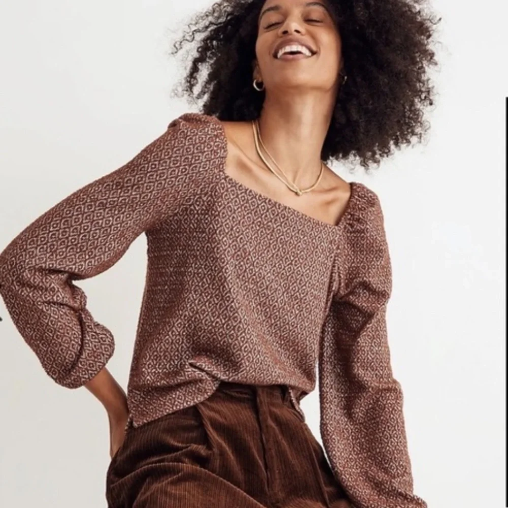 Madewell Jacquard Puff-Sleeve Top Square Neck Dark Merlot Brown Sz XL